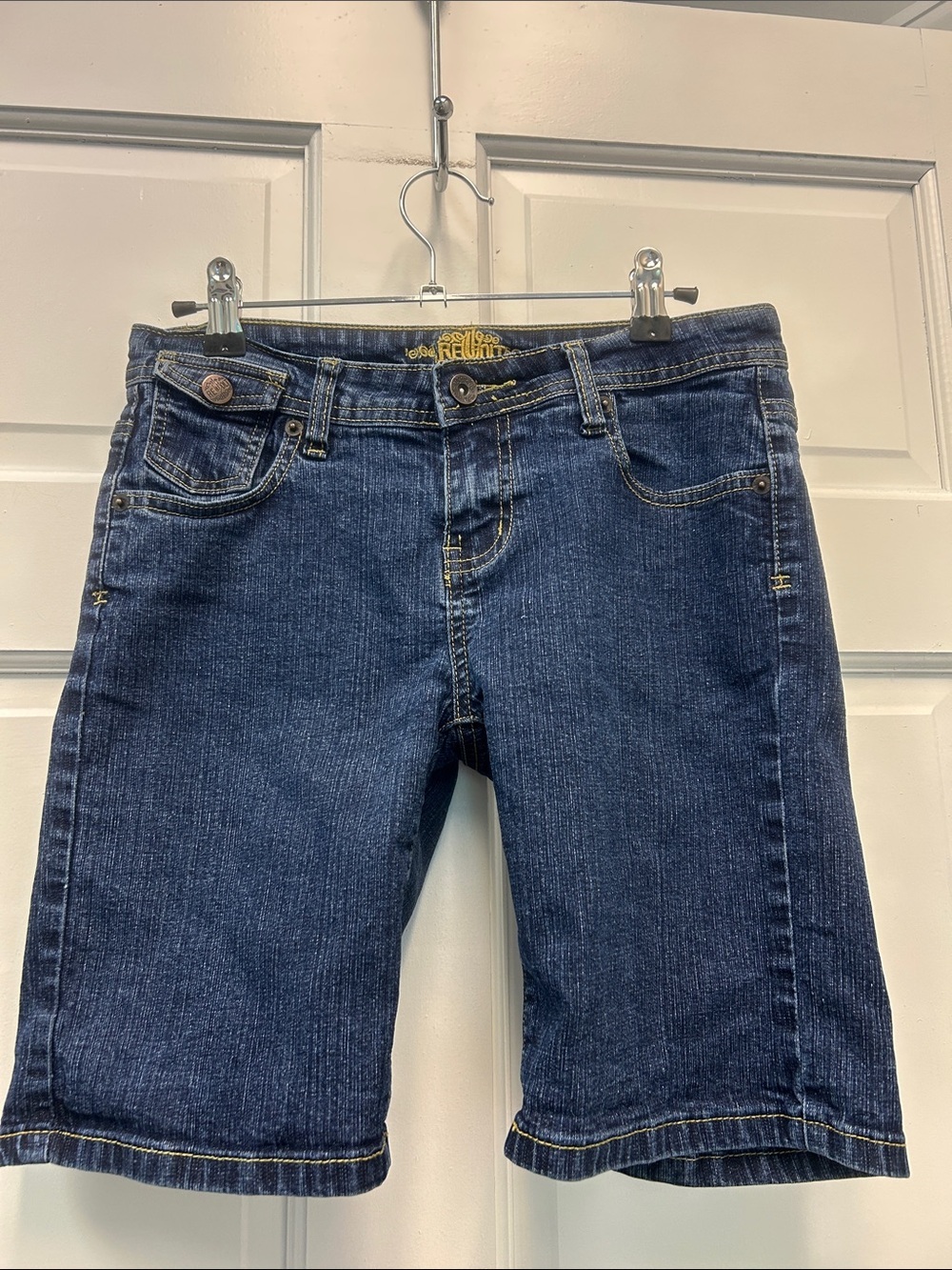 Revolt Dark Blue Denim Shorts with Yellow Stitching Juniors Size 5